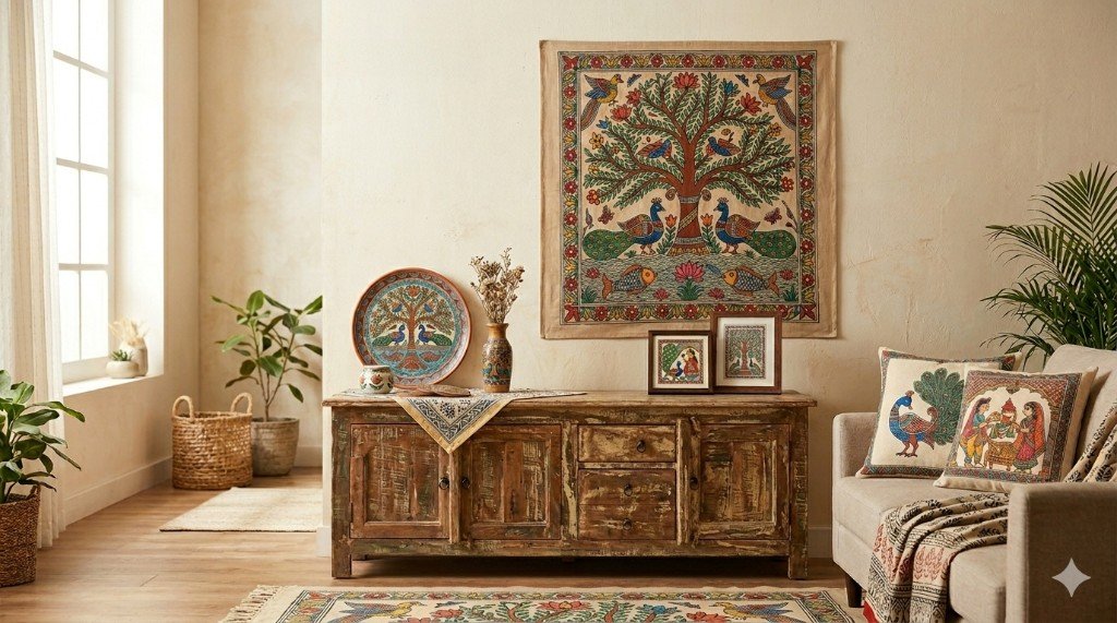 Home Décor — living room with Madhubani wall hanging, sideboard, and artisan textiles