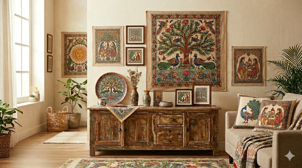 Wall Art — gallery wall with Mithila and Madhubani hangings, sideboard, and artisan room styling