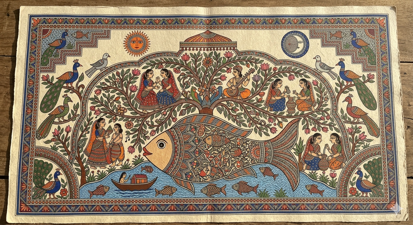 Artist at work with Mithila painting