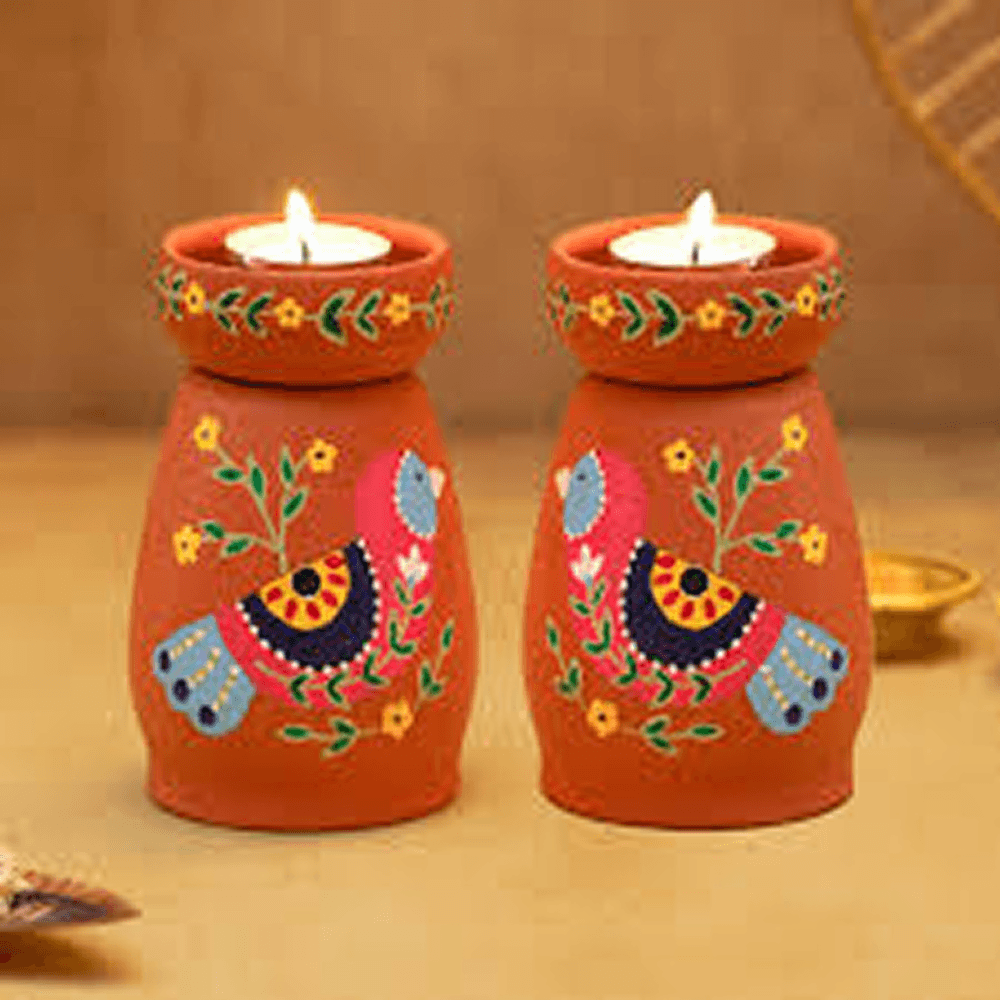 Terracotta Mithila Art Candle Holders