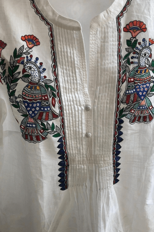 Handpainted Madhubani 'Flowers of Mithila' Tussar Silk Kurta