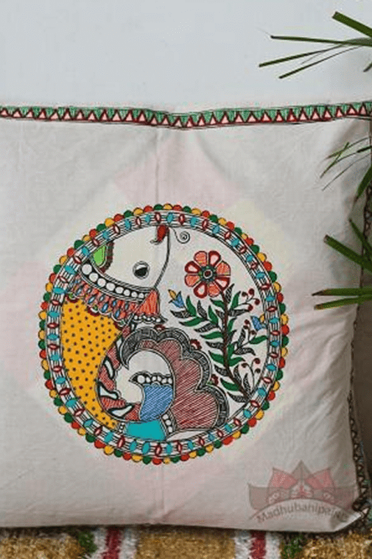 Hand-Painted Mithila Fish Motif Cushion Cover
