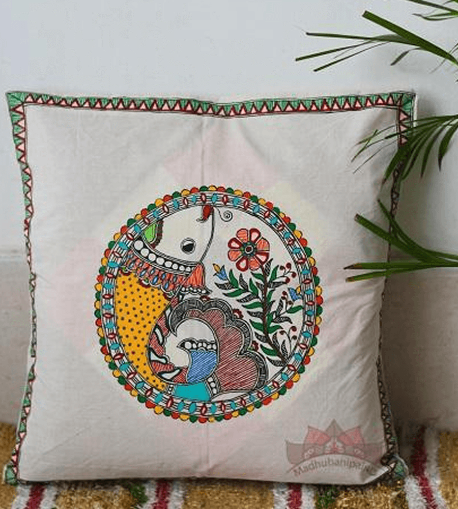 Hand-Painted Mithila Fish Motif Cushion Cover