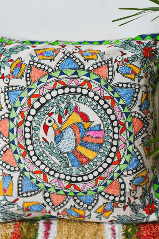 Enchanted Peacock Mandala Mithila Cushion Cover