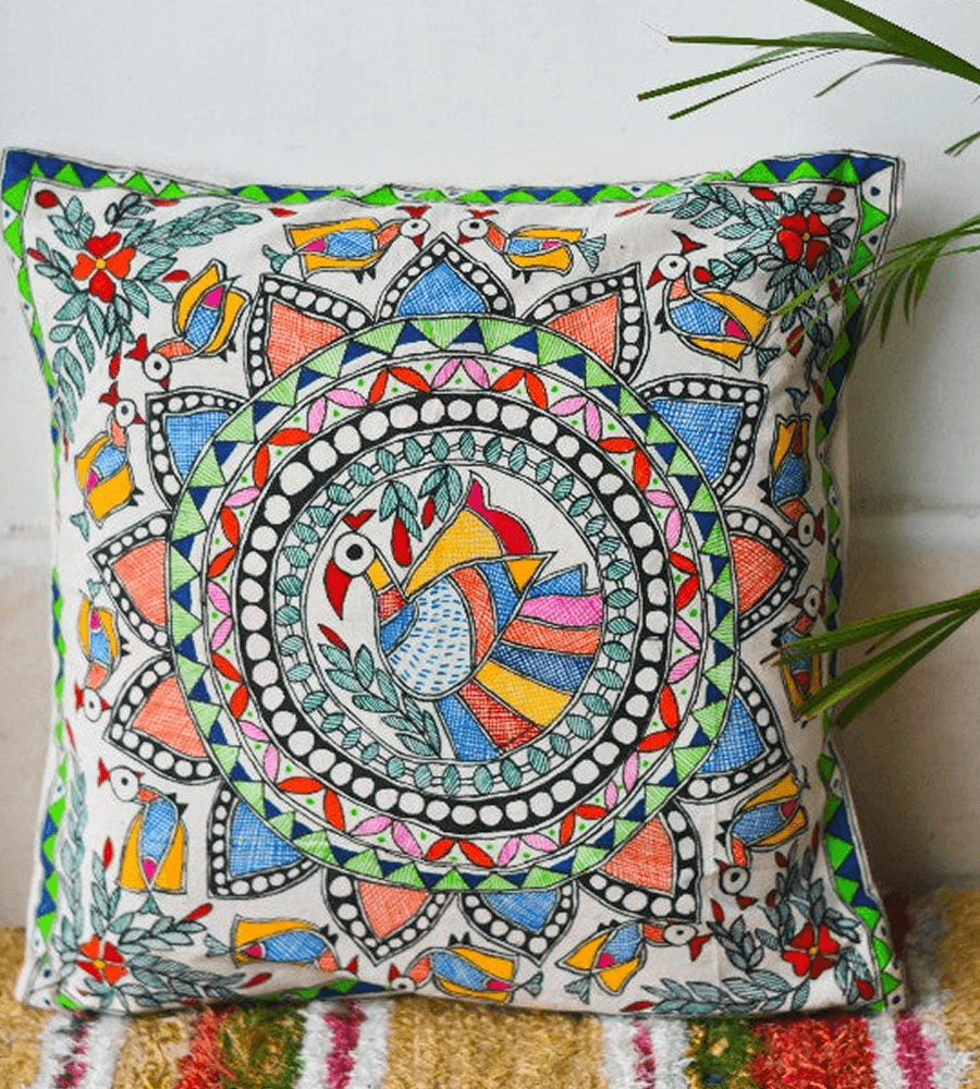 Enchanted Peacock Mandala Mithila Cushion Cover