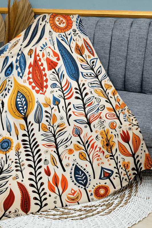 Autumn Bloom Hand-Painted Mithila Throw Blanket