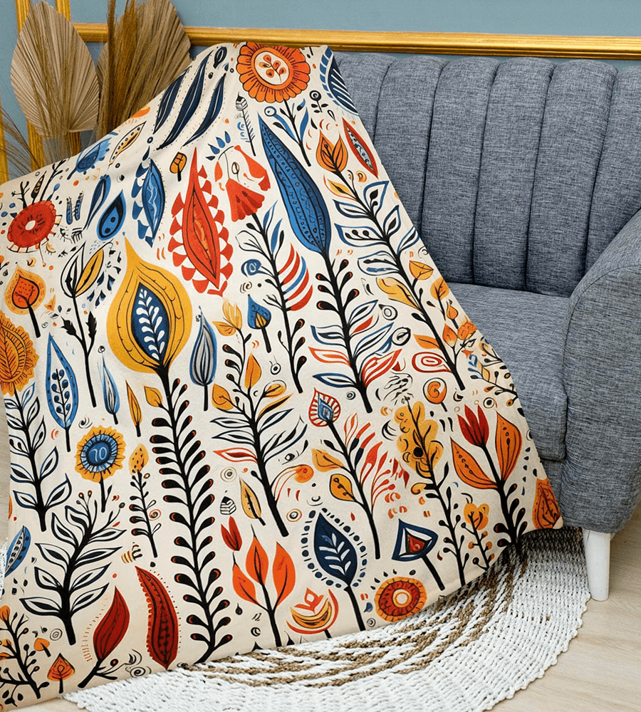Autumn Bloom Hand-Painted Mithila Throw Blanket