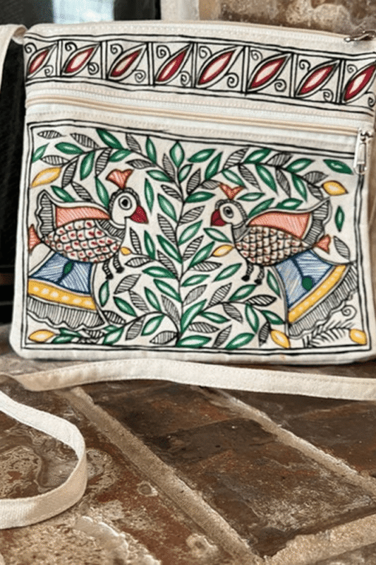 Azure Aviary Hand-Painted Mithila Crossbody Bag