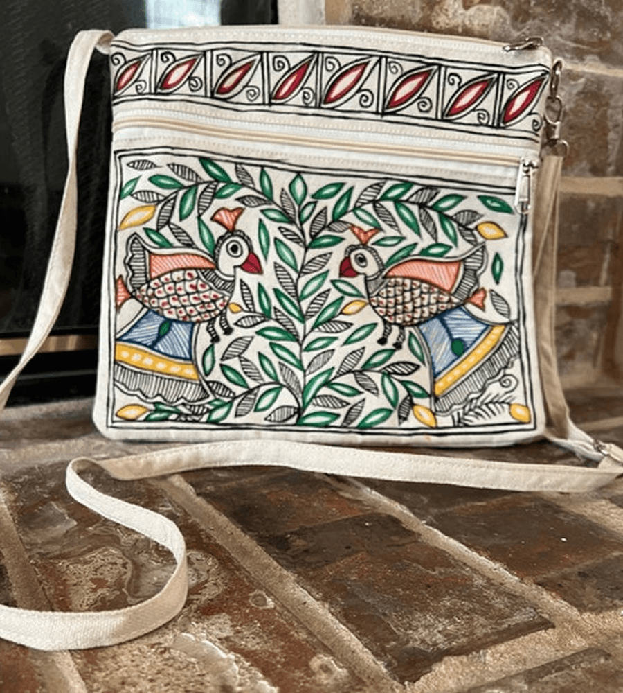 Azure Aviary Hand-Painted Mithila Crossbody Bag