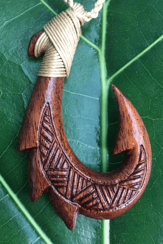 Hand-Carved Wooden Hei Matau (Fish Hook) Pendant