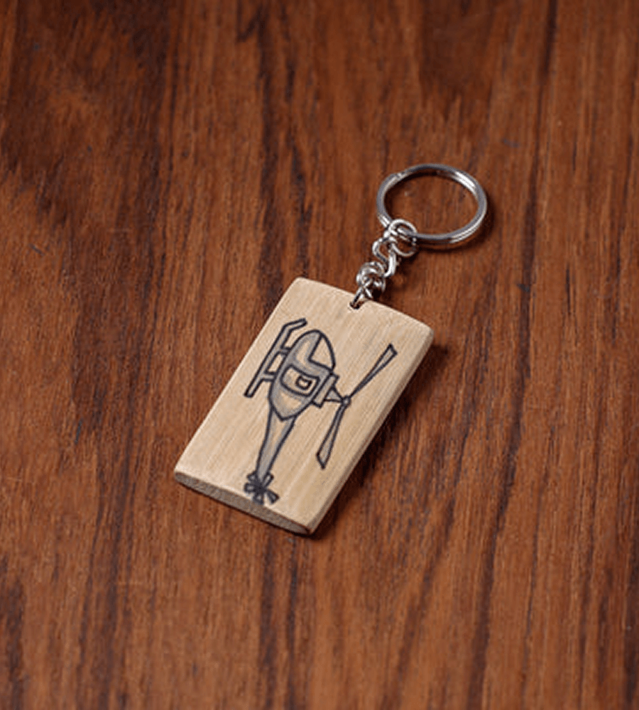 Hand-Engraved Wooden Helicopter Keychain