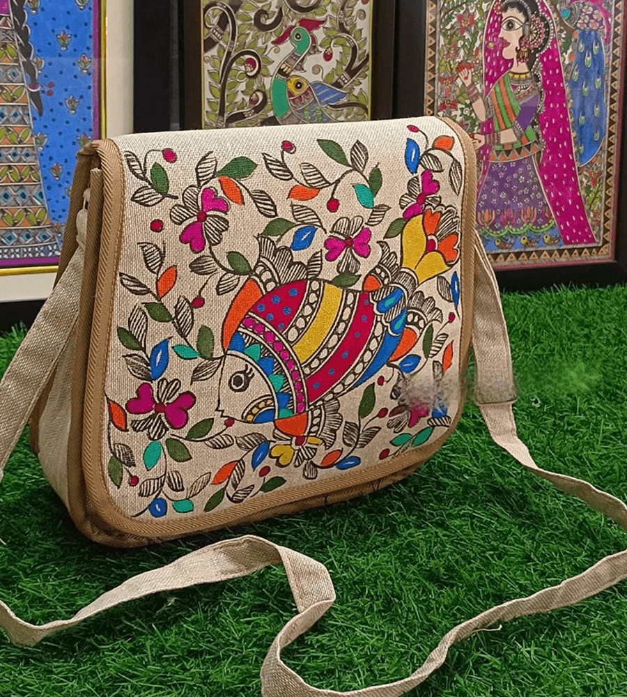 Hand-Painted Fish Motif Messenger Bag