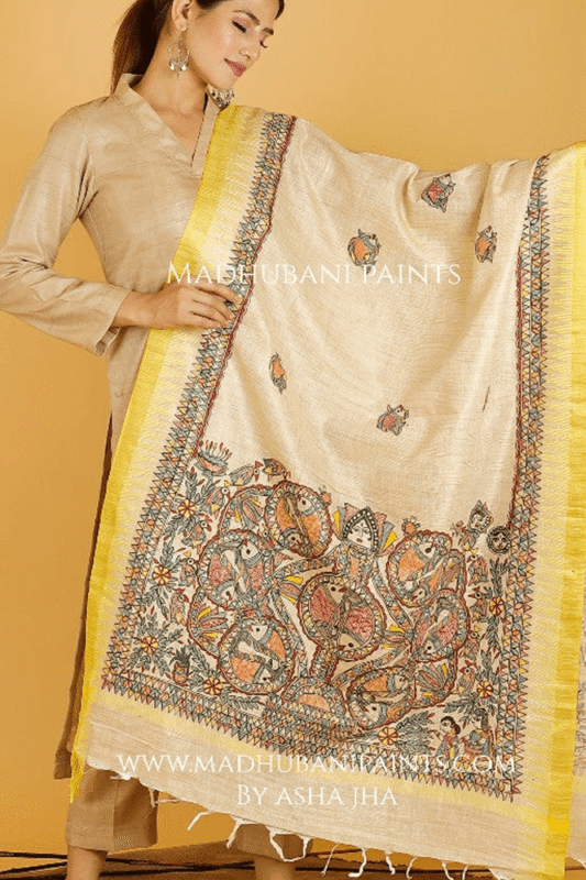Handpainted Madhubani 'Mithila Mayur' Dupatta