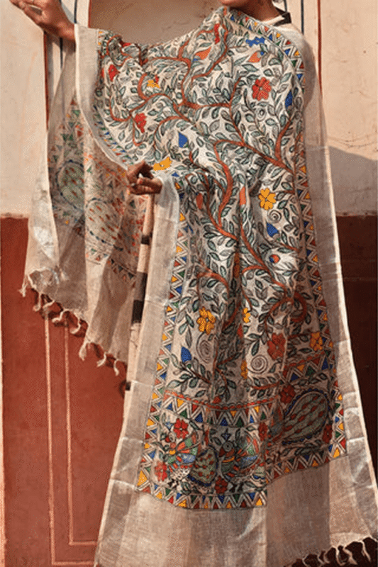 Tree of Life Hand-Painted Mithila Chanderi Stole