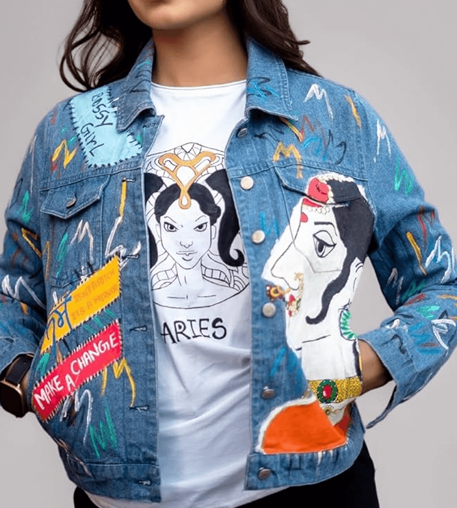 Mithila Fusion Hand-Painted Graffiti Denim Jacket