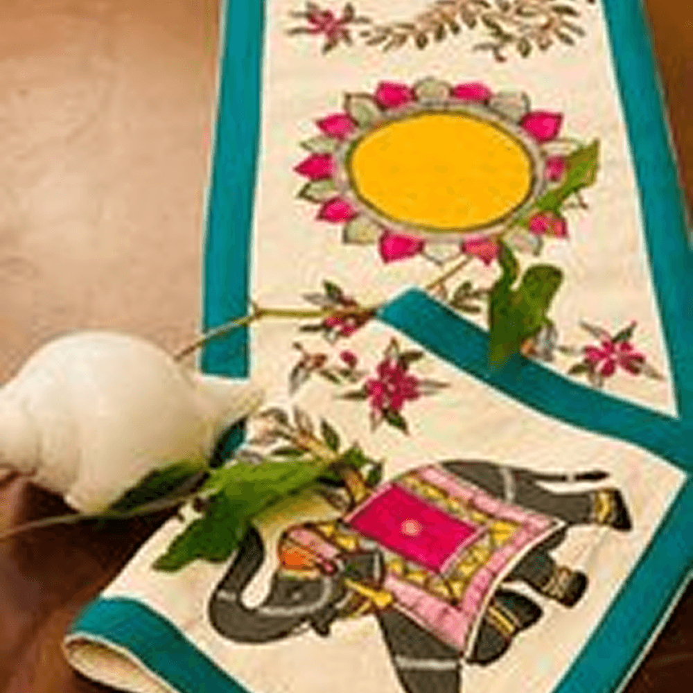 Mithila Art Printed Table Runner – Lotus Theme
