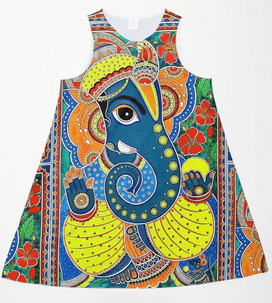 Vibrant Ganesha Motif Mithila A-Line Dress