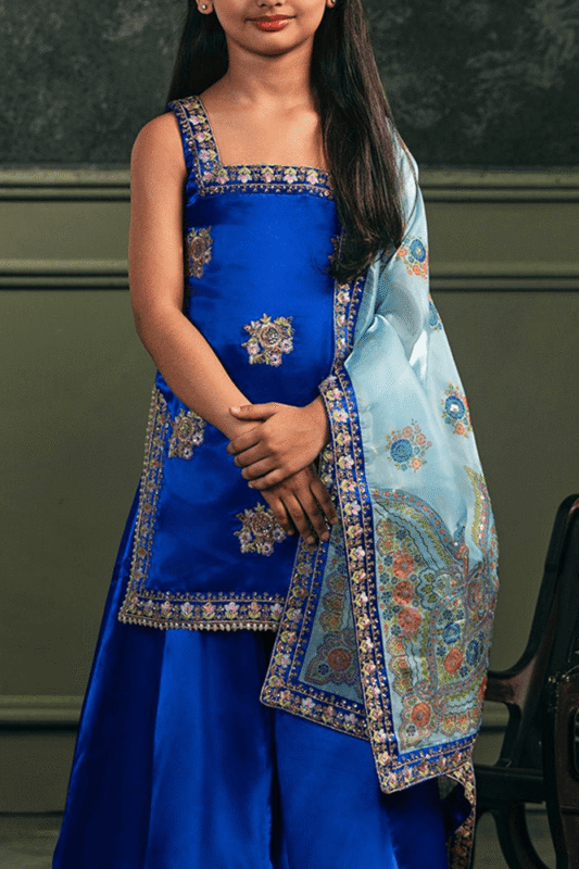 Royal Azure Embroidered Sharara Set for Girls