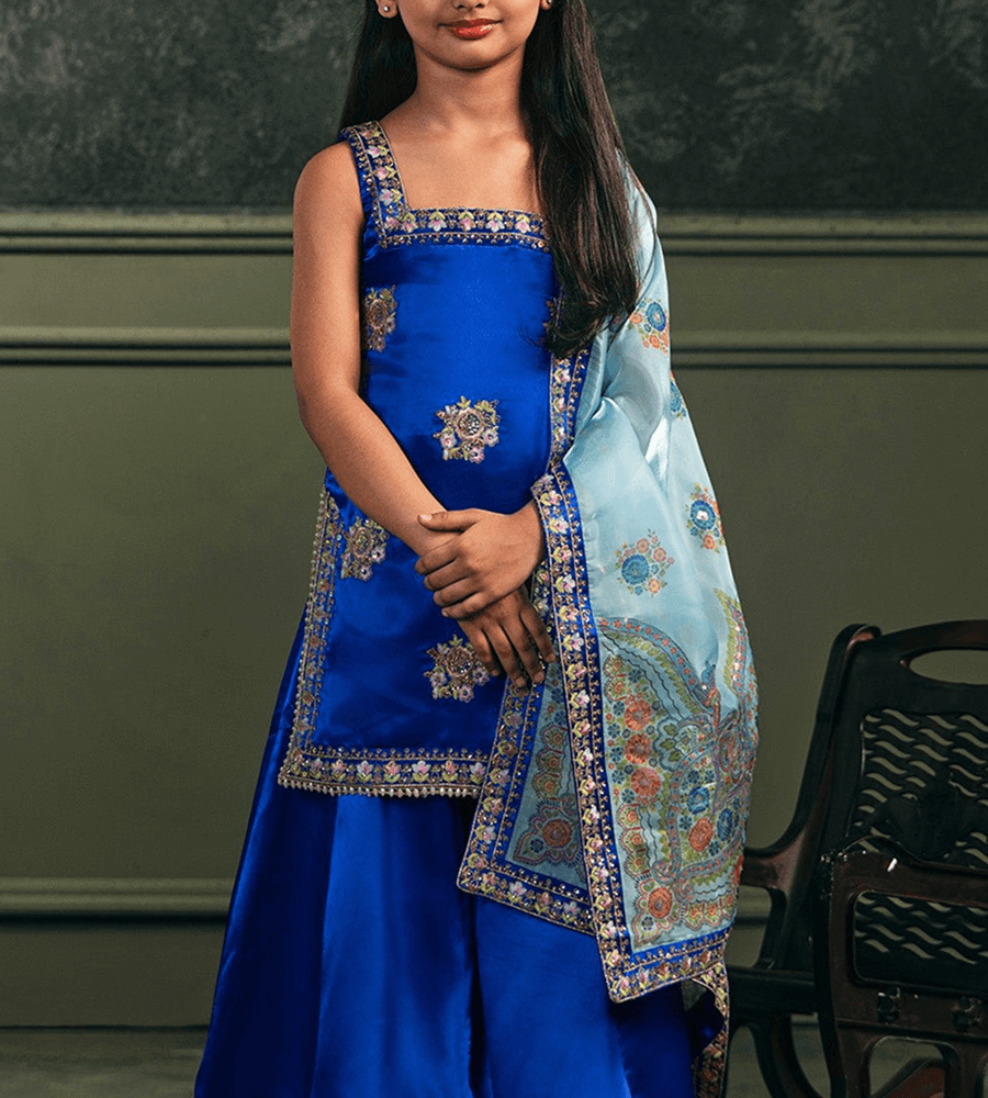 Royal Azure Embroidered Sharara Set for Girls
