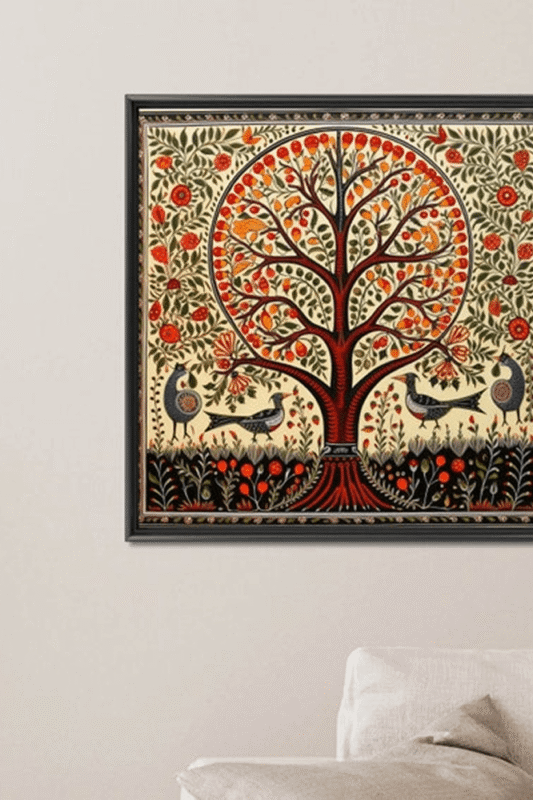 Vibrant Indian Folk Art Canvas Tree with Birds