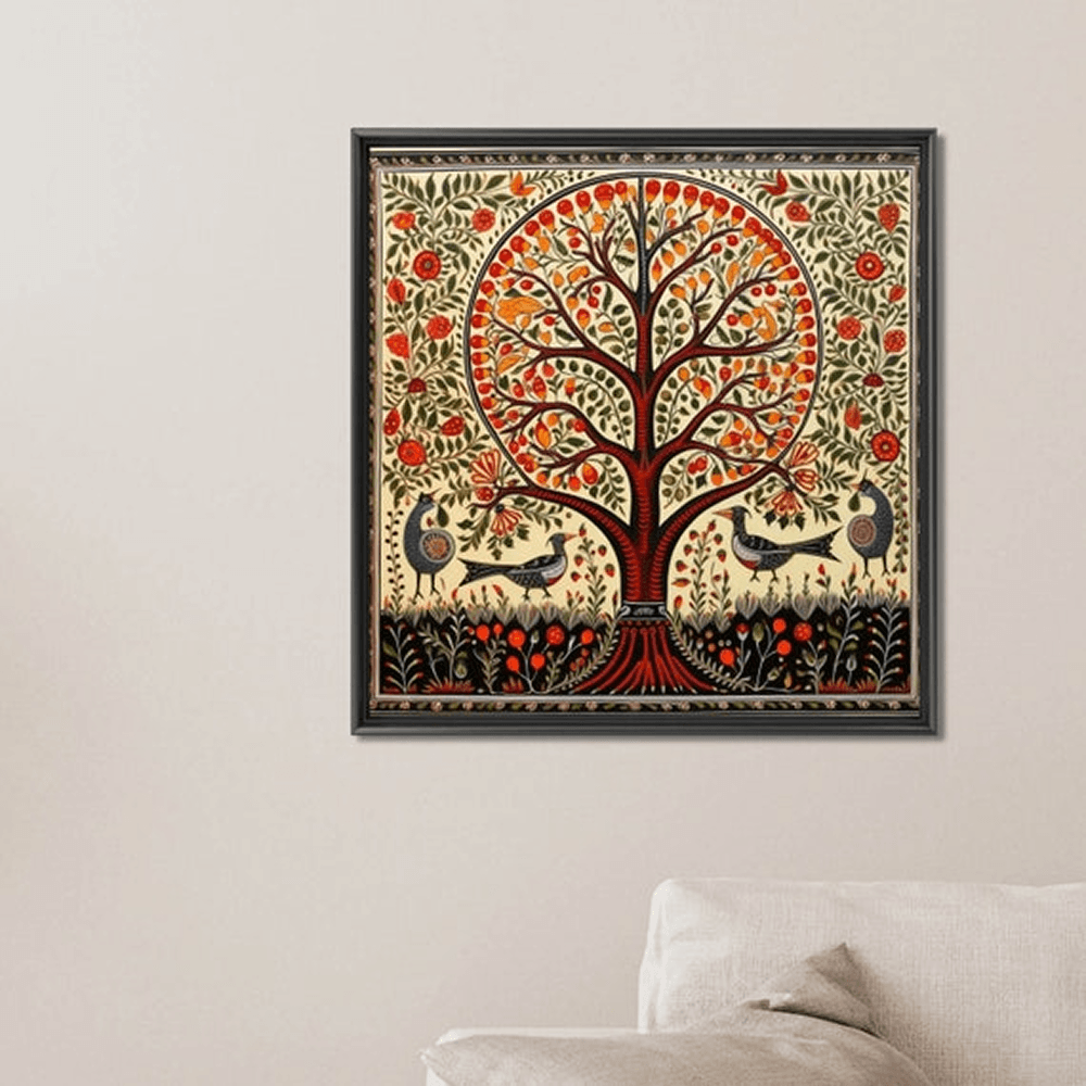 Vibrant Indian Folk Art Canvas Tree with Birds
